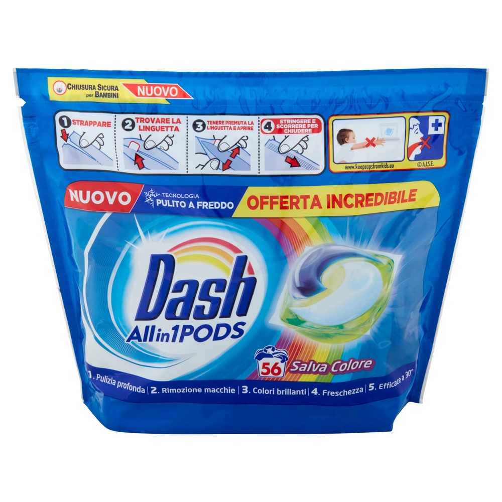 Dash PODS Allin1 Detersivo Lavatrice in Capsule per Bucato Salva Colore 56 Lavaggi 1332,8 g